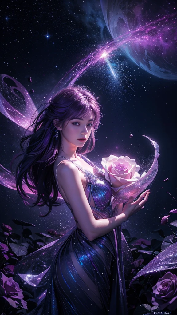 dreamwave, aesthetic, a (frozen:1.1) cosmic rose, the petals glitter with a crystalline shimmer, swirling nebulas, 8k unreal engine photorealism, ethereal lighting, purple, nighttime, darkness, surreal art