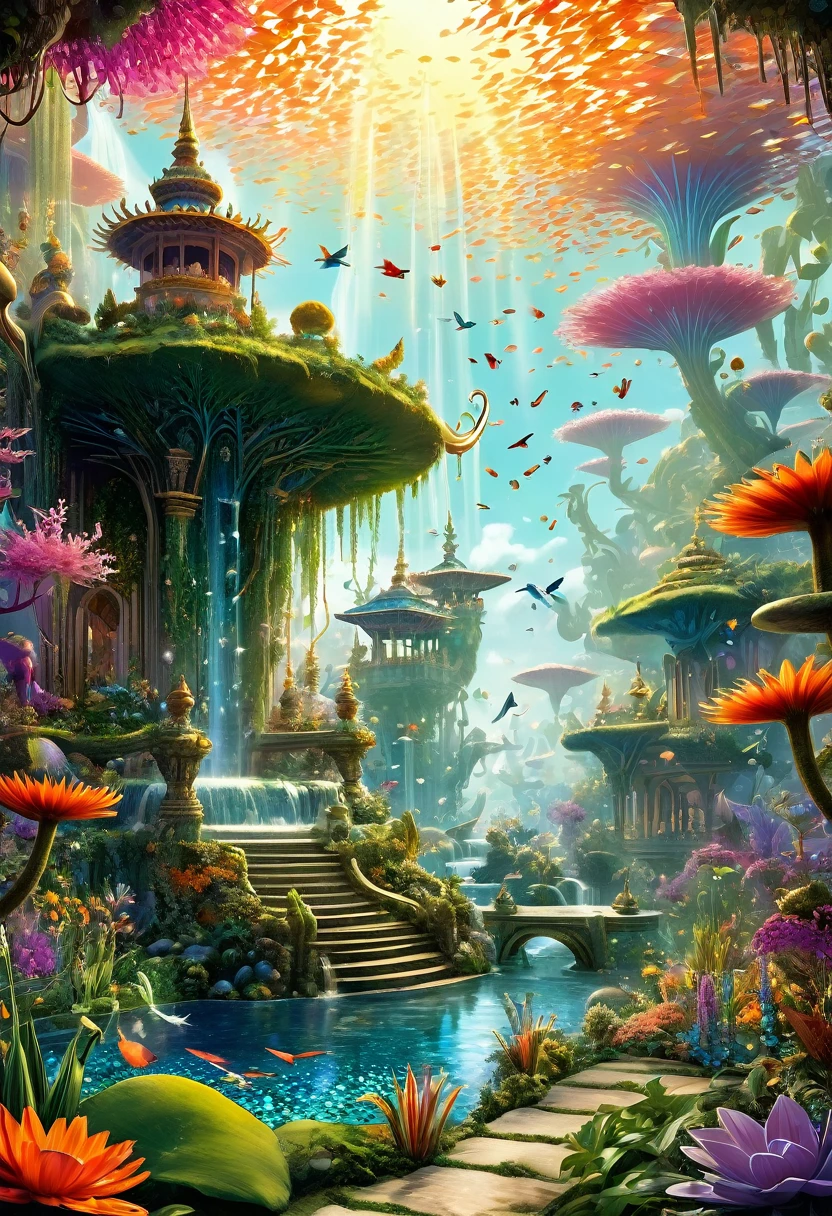 
A hyper-detailed, intricate scene set in an expansive, fantastical garden. Every inch of the image is filled with a myriad of elements: exotic plants with vivid flowers, intricate fountains with water flowing in mesmerizing patterns, and various magical creatures like fairies, dragons, and unicorns interacting harmoniously. Tiny insects with iridescent wings buzz around, and the ground is covered in a mosaic of colorful pebbles and crystals. In the sky, flocks of birds and floating islands can be seen. The level of detail is astonishing, with every leaf, feather, and droplet of water meticulously depicted, creating a rich and immersive visual experience.