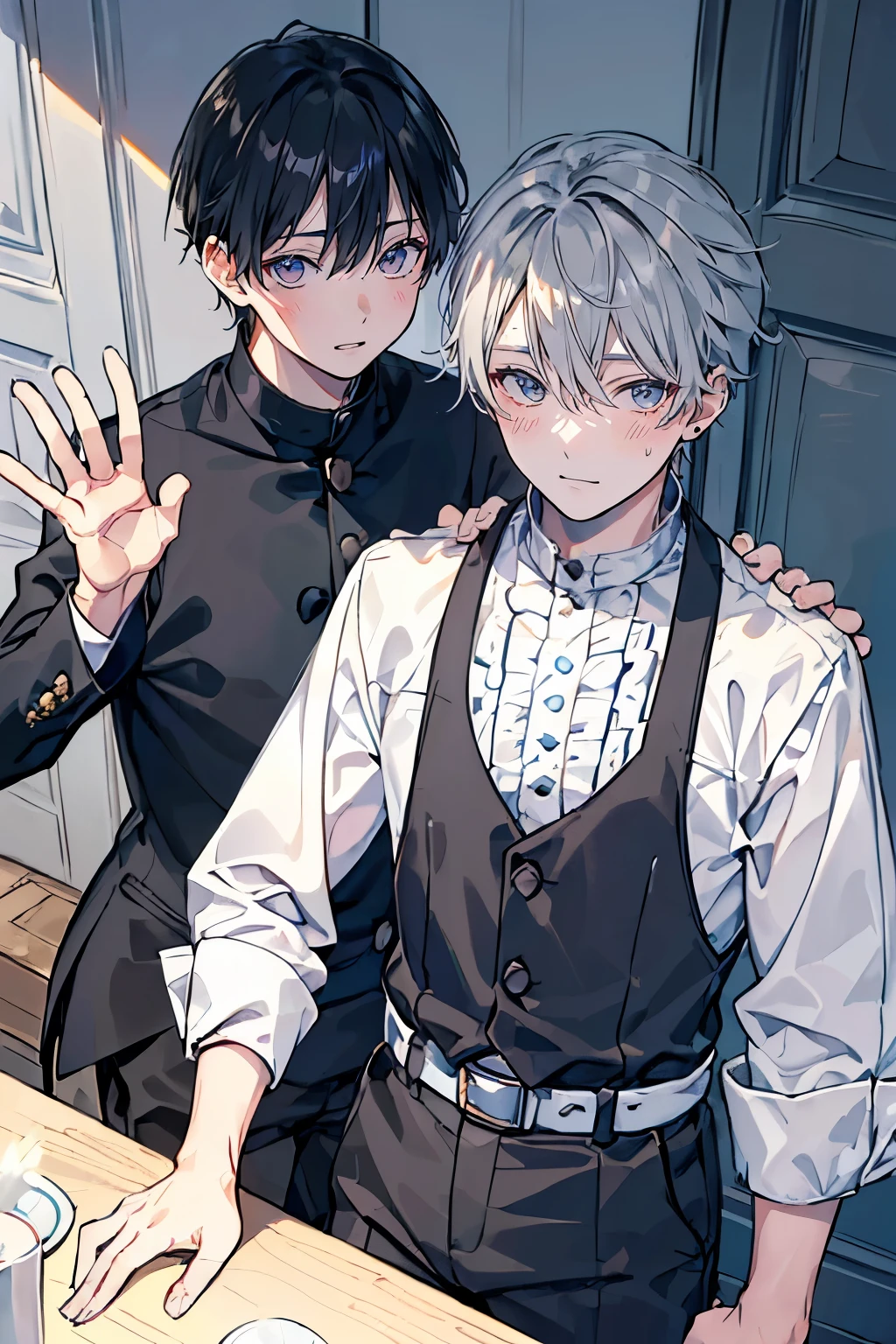 (Mastepiece), (Best Quality), Very detailed, (((Two friendly boys:1.5))), Perfect Face, Beautiful Face, Very detailedな顔，(Black Haired Man:1.3)，(Grey-haired man:1.3)，Boys&#39; Room、Plain loose T-shirt