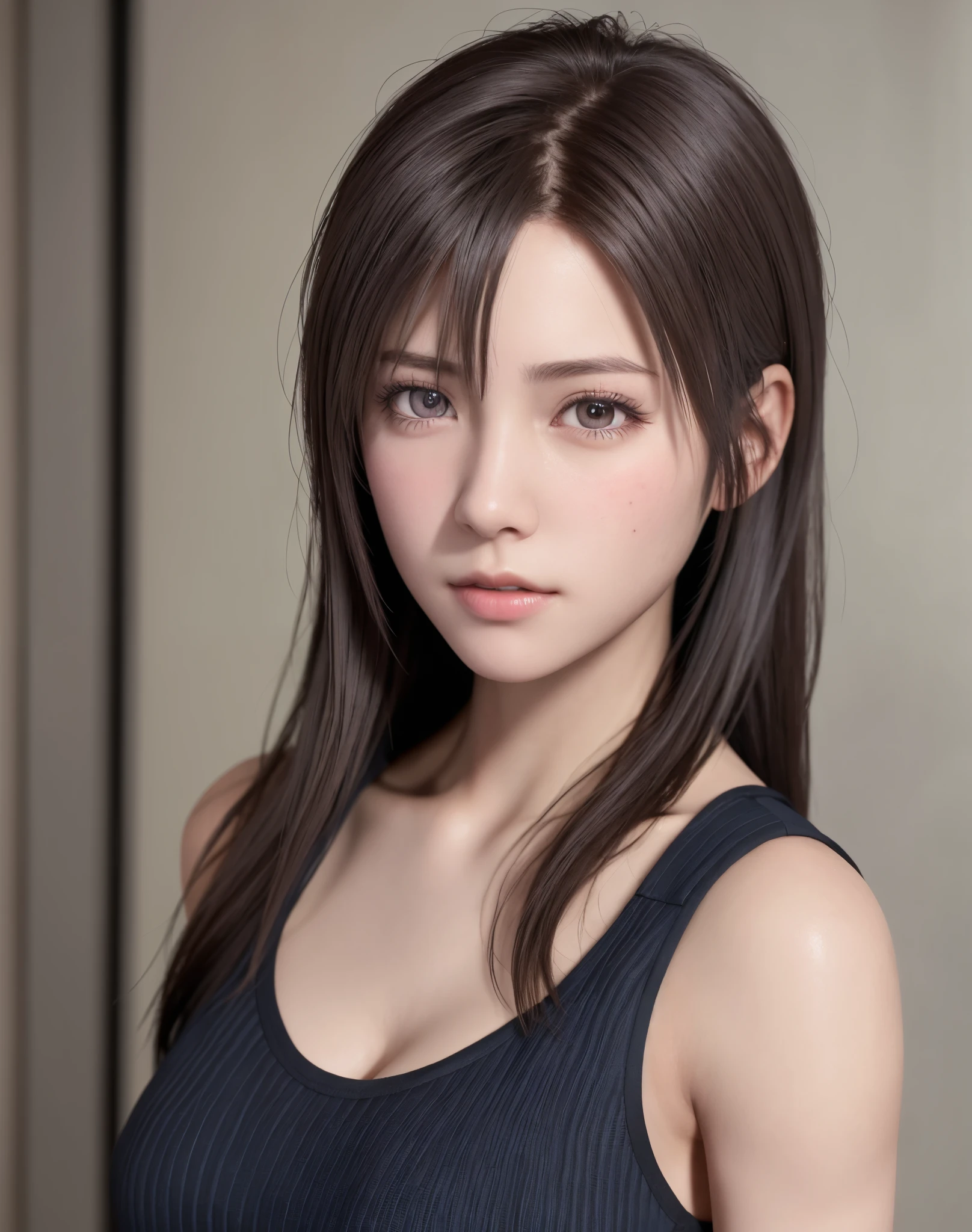 high quality picture, masutepiece, detailed hair texture, Detailed skin texture, Detailed Cloth Texture, 8K, Add fabric details, ultra detailed skin texture, ultra detailed photographic, Skin pores, Portrait of a girl, wearing tank top,