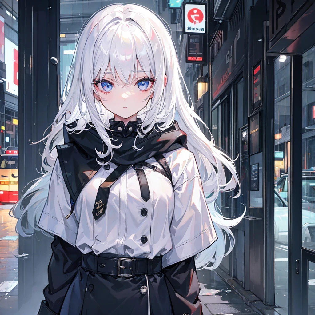 A girl with white hair, rainy city, has thick eyelashes
