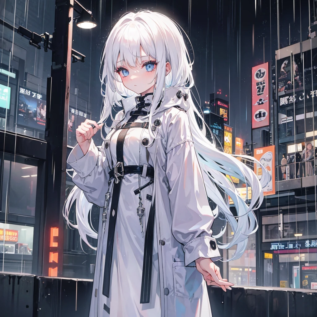 A girl with white hair, rainy city, has thick eyelashes