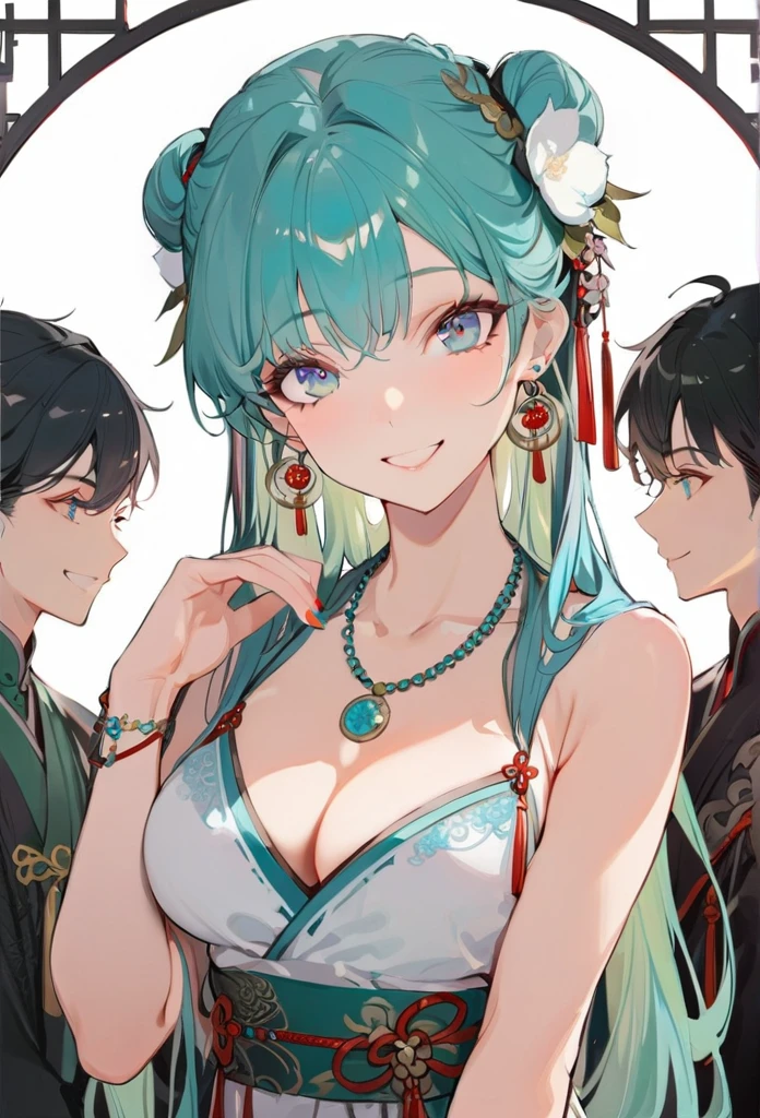 masterpiece, best quality, Extremely detailed, illustration,(1 Girl),Beautiful and delicate eyes, Looking at the audience,Happy, (Turquoise colored hair:1), (Blue round eyes:1), (Round Earrings), (Large turquoise gemstone necklace), Cute round face, Long hair, Smile, Fantasy Chinese Clothing