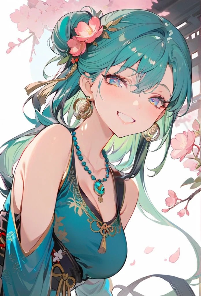 masterpiece, best quality, Extremely detailed, illustration,(1 Girl),Beautiful and delicate eyes, Looking at the audience,Happy, (Turquoise colored hair:1), (Blue round eyes:1), (Round Earrings), (Large turquoise gemstone necklace), Cute round face, Long hair, Smile, Fantasy Chinese Clothing