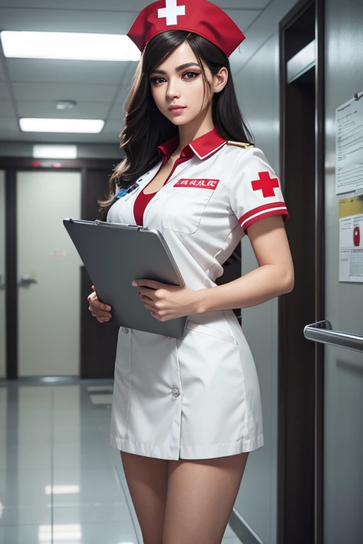 Full body, a nurse cap with red cross symbol, beautiful detailed eyes, beautiful detailed lips, extremely detailed face, longeyelashes, medical uniform, clevage, short skirt, medical equipment, holding a clipboard, standing in a hospital interior with blurred background, professional, photorealistic, cinematic lighting, epic, dramatic, intricate details, highly detailed, masterpiece, 8k