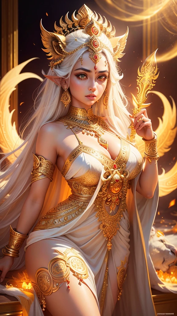 Hot a beautiful hindu goddess, detailed face HD, piercing eyes, full lips, long flowing white and golden dress, holding a trishul, a majestic lion nearby, intricate jewelry, glowing ethereal aura, highly detailed, photorealistic, dramatic lighting, vibrant colors, ornate background, digital art HD