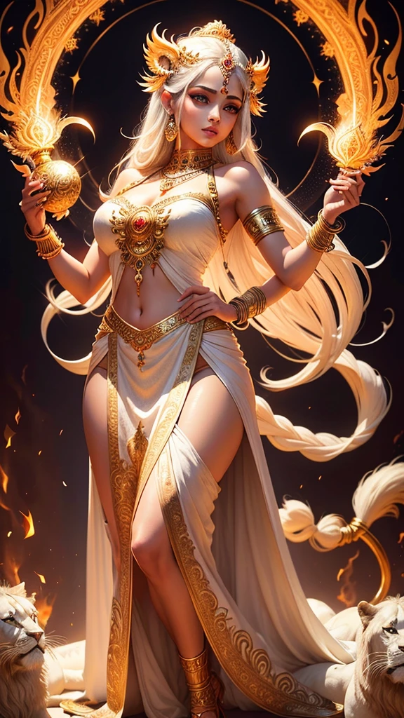Hot a beautiful hindu goddess, detailed face HD, piercing eyes, full lips, long flowing white and golden dress, holding a trishul, a majestic lion nearby, intricate jewelry, glowing ethereal aura, highly detailed, photorealistic, dramatic lighting, vibrant colors, ornate background, digital art HD