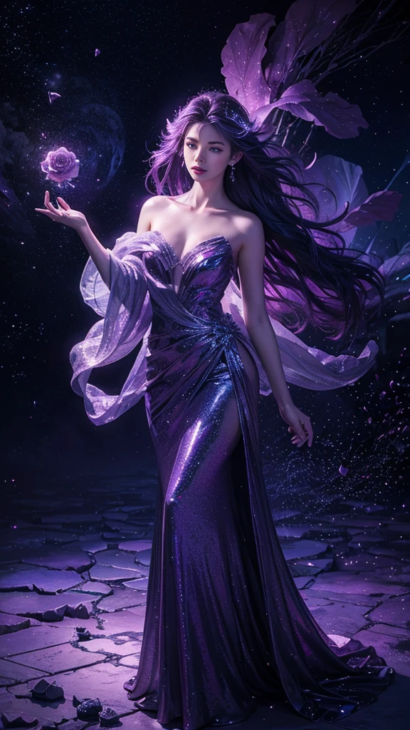 dreamwave, aesthetic, a (frozen:1.1) cosmic rose, the petals glitter with a crystalline shimmer, swirling nebulas, 8k unreal engine photorealism, ethereal lighting, purple, nighttime, darkness, surreal art