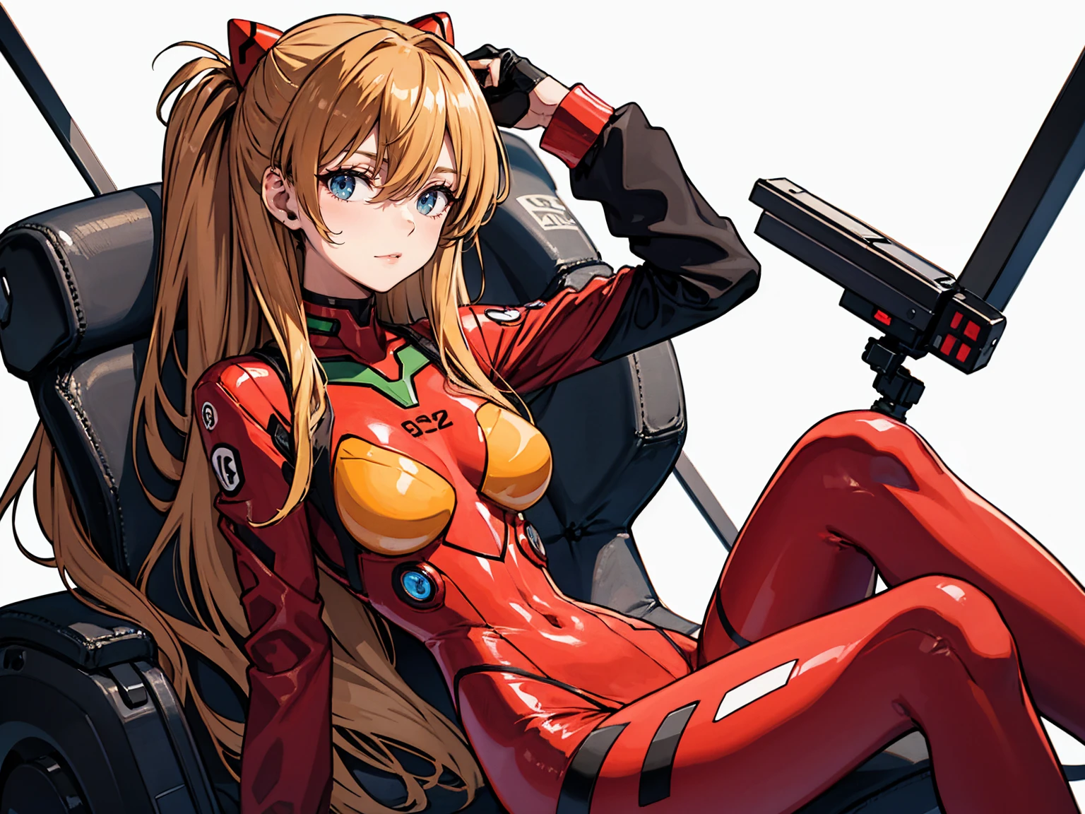 masterpiece, best quality, ï¼Œsouryuu asuka langleyï¼Œ1girl, Solitary, Plug set, breast, long_hair, Red_Tights, orange_hair, Tights, Watching_exist_Viewer, White_background, Moderate_breast, blue_Eye, simple_background, hair_between_Eye, sit, interface_earphone, Bangs, closure_Mouth