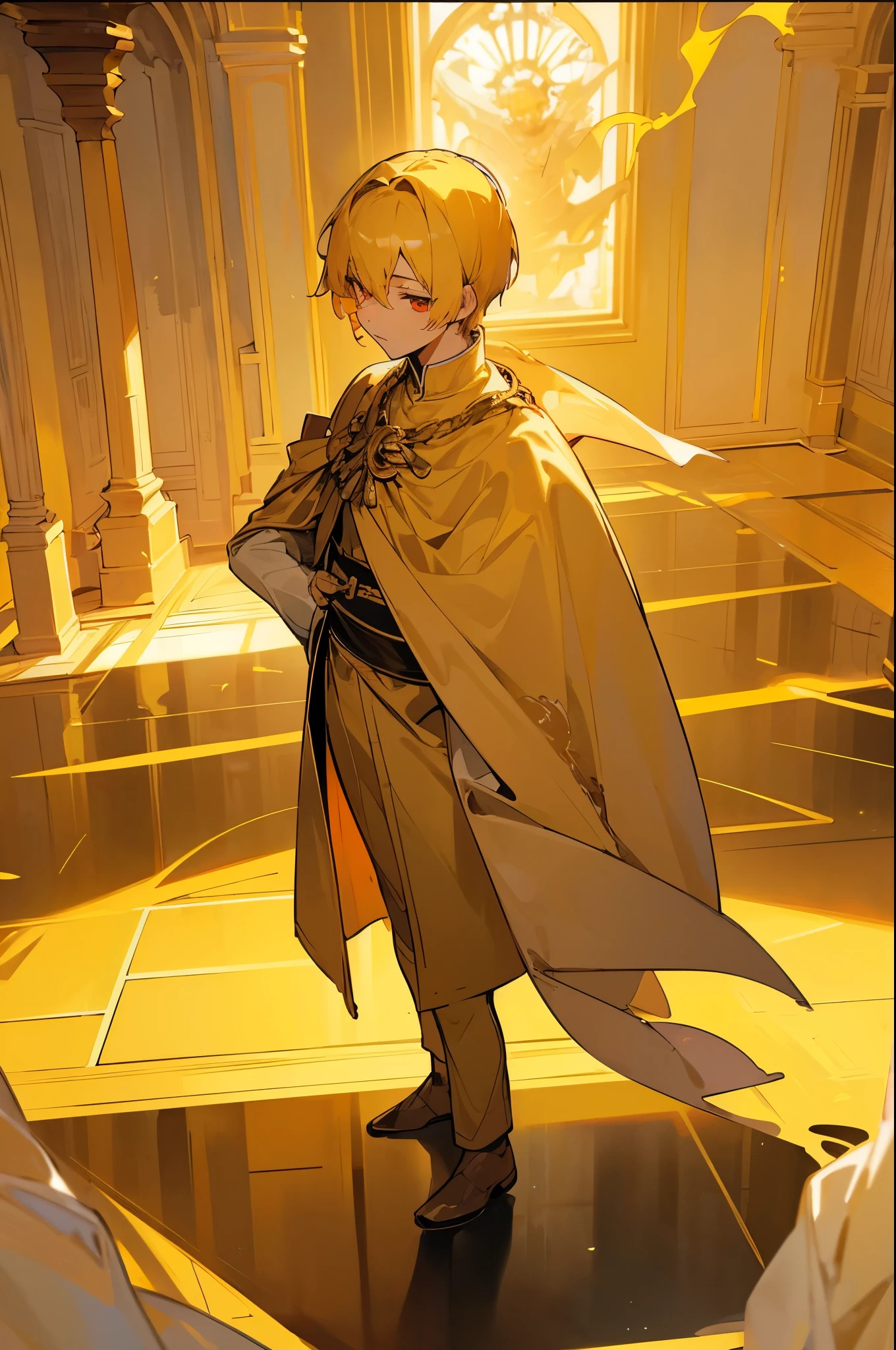 (Original Character,8k, Masterpiece, Best Quality,Detailed, Beautiful Detailed Eyes, solo),1boy,solo,20s,neutral face,white and golden prince outfit,((burning body,burning on floor)), yellow hair,short hair,red eyes,((standing in a room in castle))