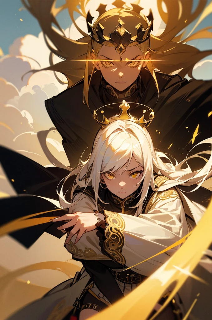 (looking at pov) highly detailed face, realistic face, golden katana, (oversized clothes:1.2), miniskirt, (dark coat with ornate golden embroidery, golden embellished), (white hair, golden streaks on hair), yellow eyes, thigh strap, (neo city), (clouds), add_detail:1, hair over one eye, largest_breasts!!, (ultra-detailed), hyper details, (intricate details), (cinematic light, best quality Backlights), from pov, perfect body, ), (crown: 1.1), Proud, high contrast, (best illumination, an extremely calm and beautiful),, brown skin, Daylight, 1girl, gold skin, jujutsu kaisen style, (masterpiece), best quality