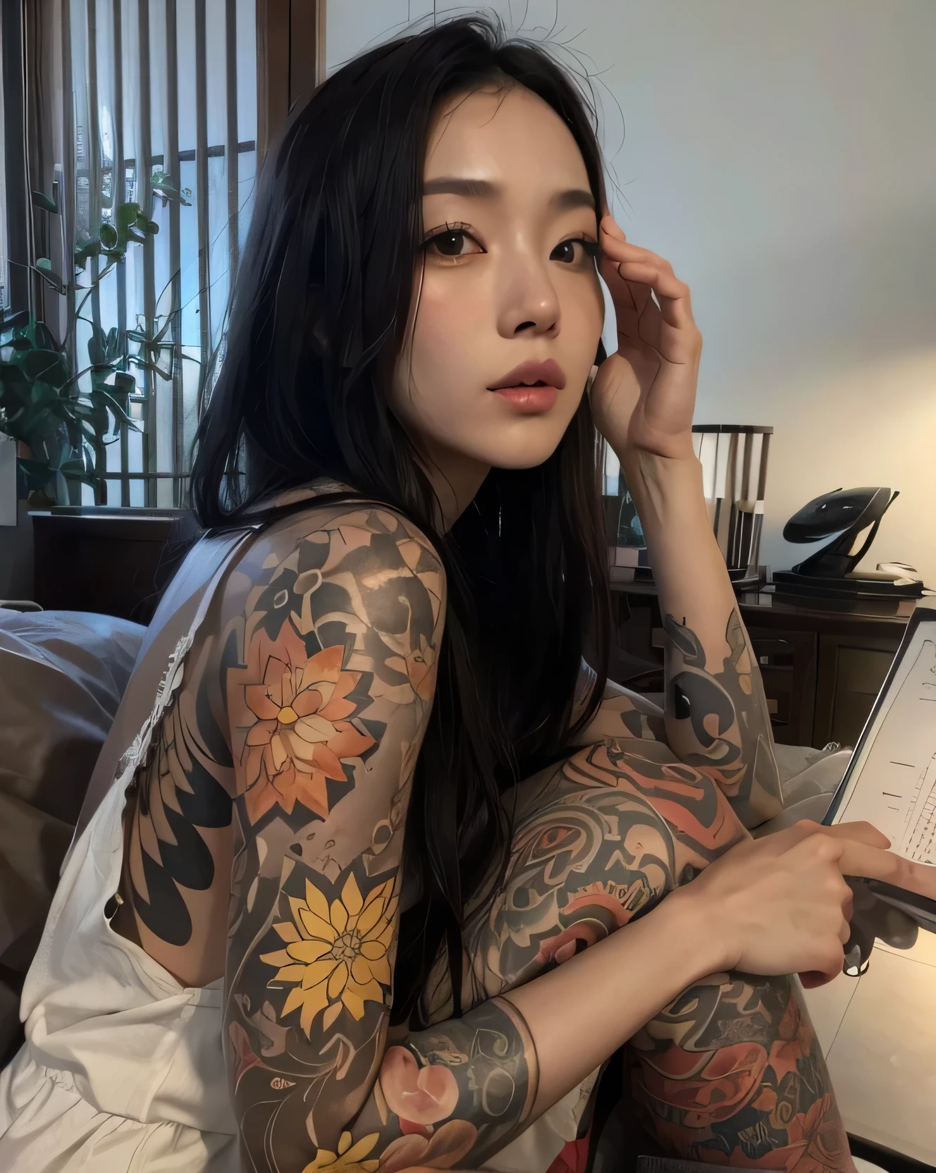 beautiful white Japanese Asian with tattoos on her body