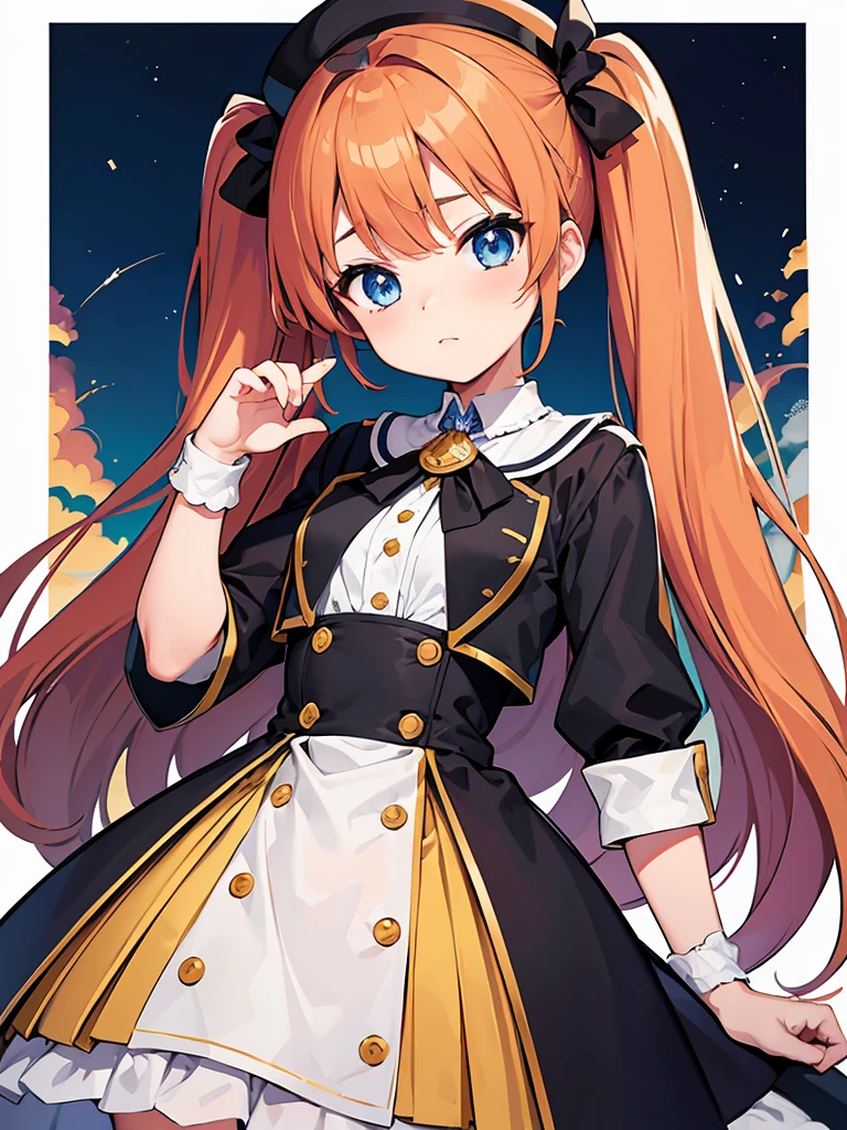 masterpiece,high quality,orange hair,idol style clothes ,dark clothes,small hat,twin tails,star eyes,blue light eyes,shining eyes,perfect hands,night sky background,4k