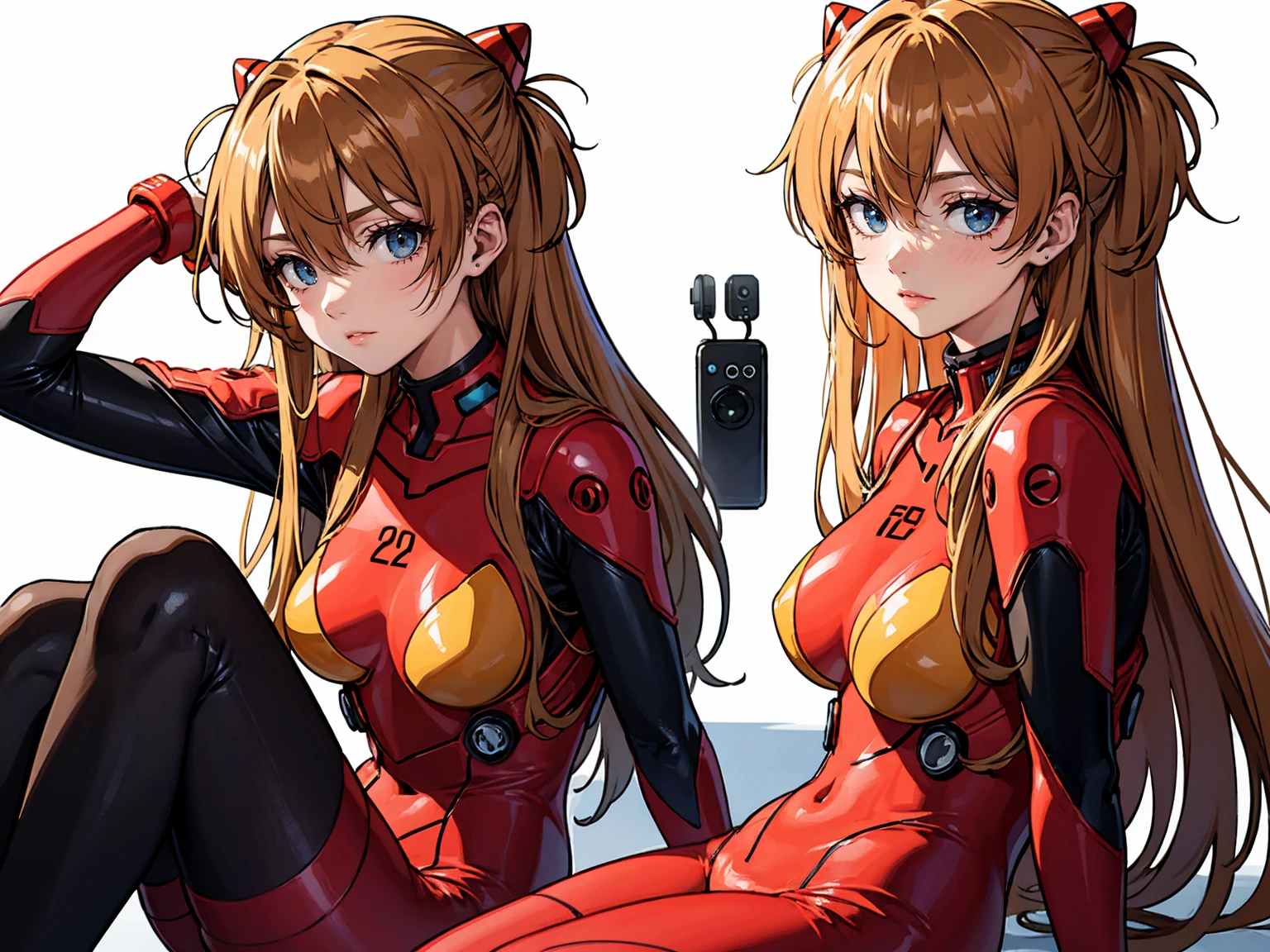 masterpiece, best quality, ,souryuu asuka langley,1girl, Solitary, Plug set, breast, long_hair, Red_Tights, orange_hair, Tights, Watching_exist_Viewer, White_background, Moderate_breast, blue_Eye, simple_background, hair_between_Eye, sit, interface_earphone, Bangs, closure_Mouth