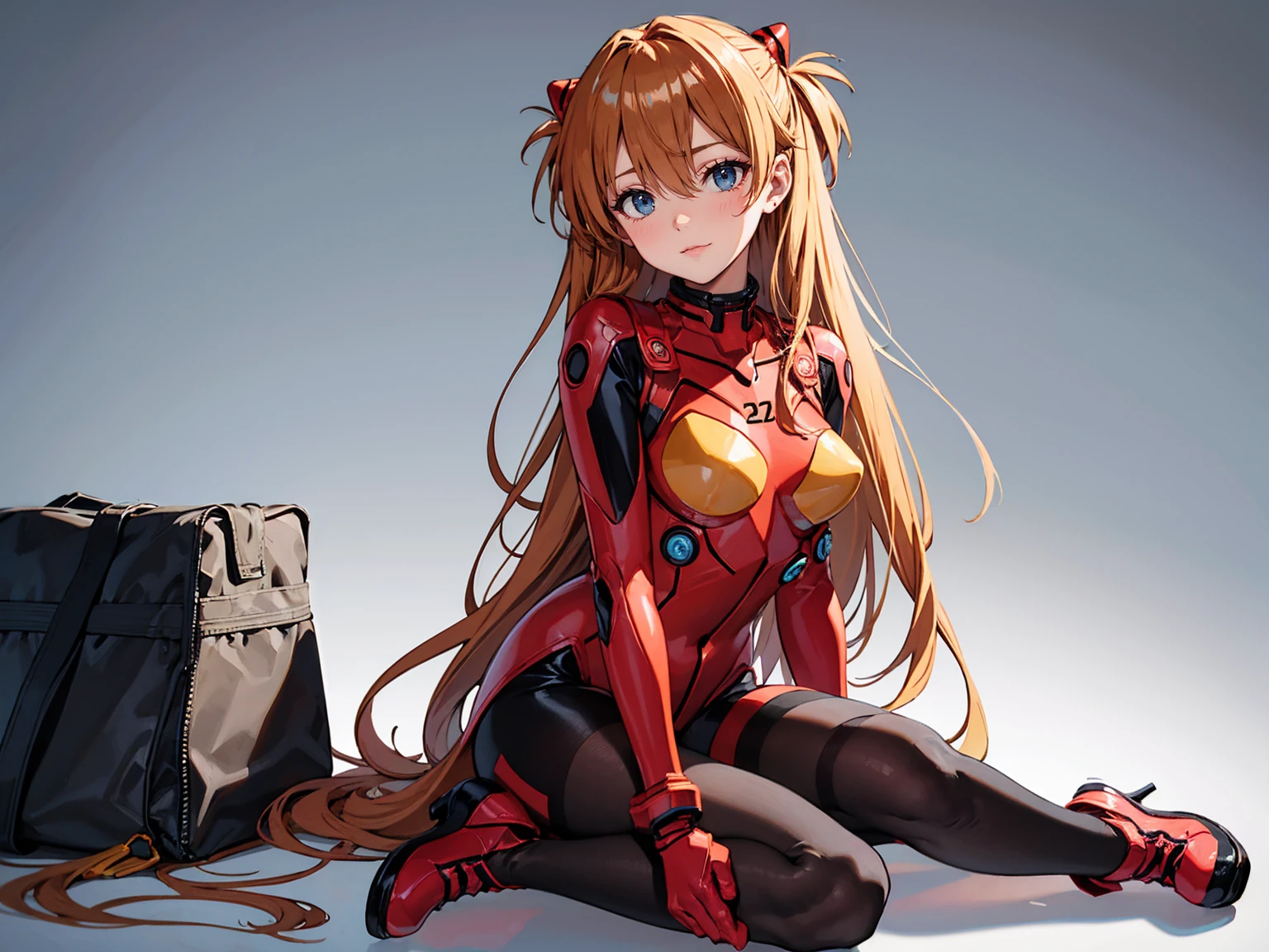 masterpiece, best quality, ,souryuu asuka langley,1girl, Solitary, Plug set, breast, long_hair, Red_Tights, orange_hair, Tights, Watching_exist_Viewer, White_background, Moderate_breast, blue_Eye, simple_background, hair_between_Eye, sit, interface_earphone, Bangs, closure_Mouth