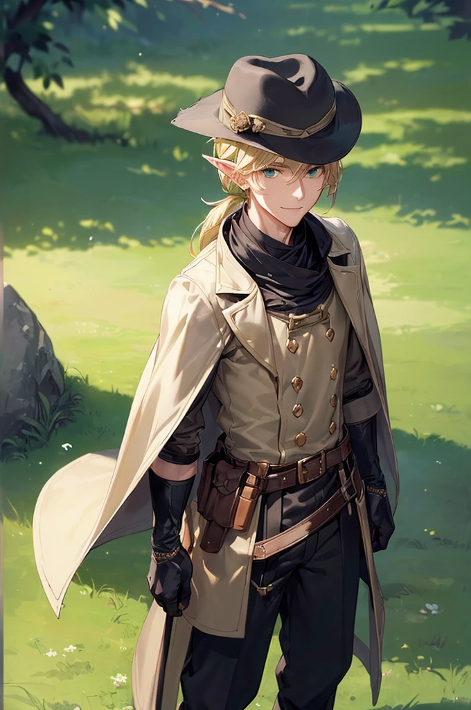 (((masterpiece; best quality: 1.2))), (finely detailed eyes: 1.3), (25 year old elf man), (solo), (green eyes: 1.4), (body; toned, fit, masculine: 1.3), (silky blonde hair in low ponytail: 1.3), (beautiful and clear background: 1.2), ((depth of field)), (equipment: adventurer garb + modest + elegant hunter wide-brimmed hat + dark overcoat + dark long cape + black pants + gloves + belt + pouches: 1.3), (anime illustration: 1.2), (background composition; royal garden: 1.1), (extremely fine and handsome: 1.1), (shot composition; standing + centered on torso + close-up: 1.5), (expression; calm, smile: 1.2)