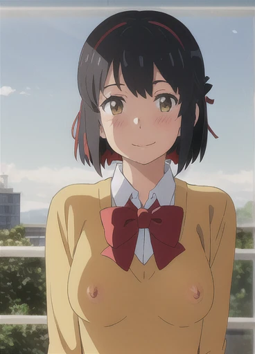 shinkai makoto, Kimi No Na Wa., One girl, bangs, Black Hair, blue null, blush, bow, bowtie, Brown eyes, cloud, collared shirt, hair ribbon, hair band, View your viewers, Negative Space, Outdoor, red bow, red bowtie, red hair band, red ribbon, ribbon, , shirt, short hair, null, smile, alone, sweater Best, Upper Body, Best, white shirt, yellow sweater Best, yellow BestNipples,Nipples , Pussy,Pussy