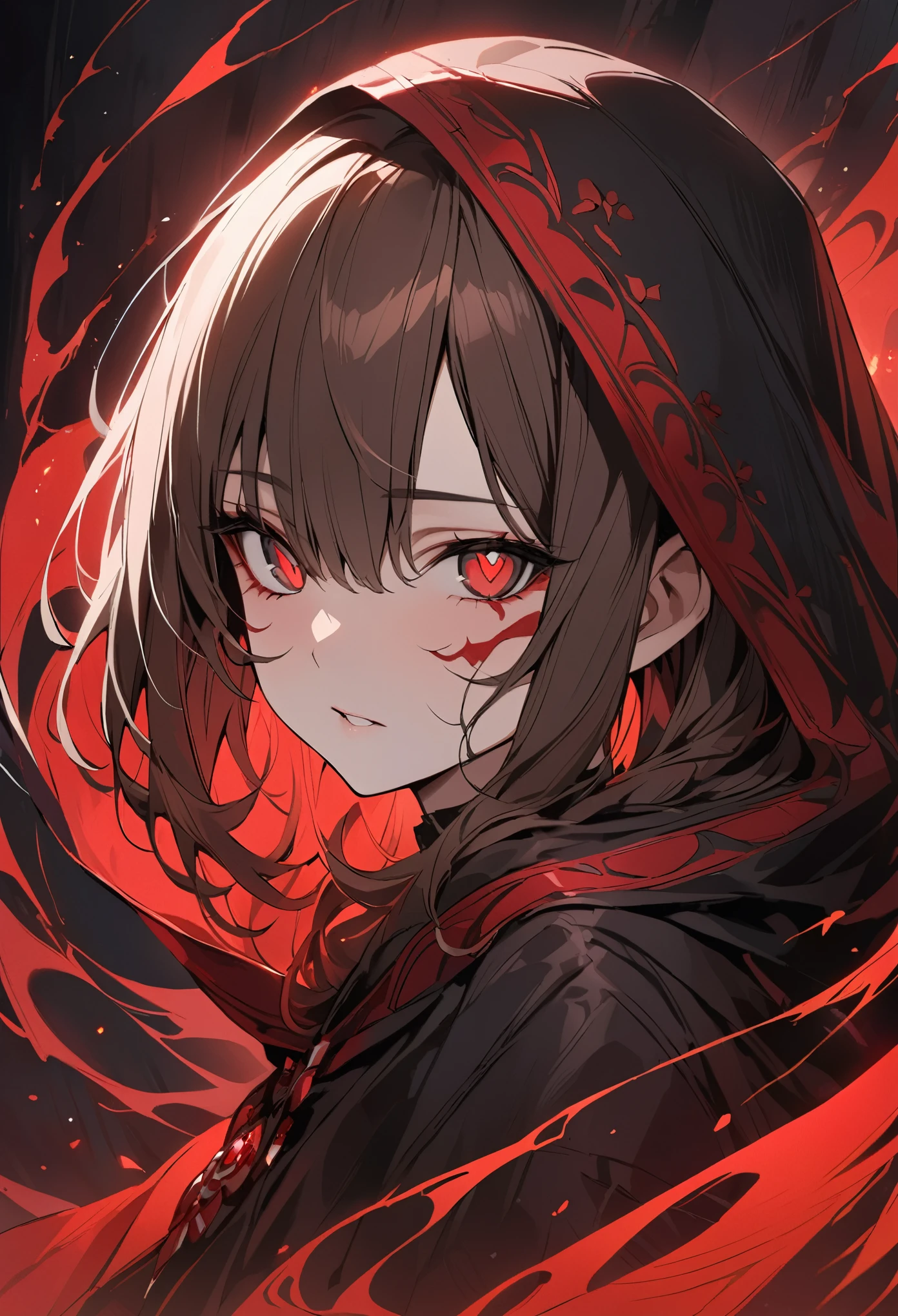 Brunette color hair，Black hooded cape，Red pupils，Delicate facial features，Red decoration，Dark Wind，masterpiece
