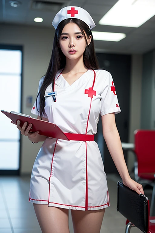 Full body, a nurse cap with red cross symbol, beautiful detailed eyes, beautiful detailed lips, extremely detailed face, longeyelashes, medical uniform, clevage, short skirt, medical equipment, holding a clipboard, standing in a hospital interior with blurred background, professional, photorealistic, cinematic lighting, epic, dramatic, intricate details, highly detailed, masterpiece, 8k