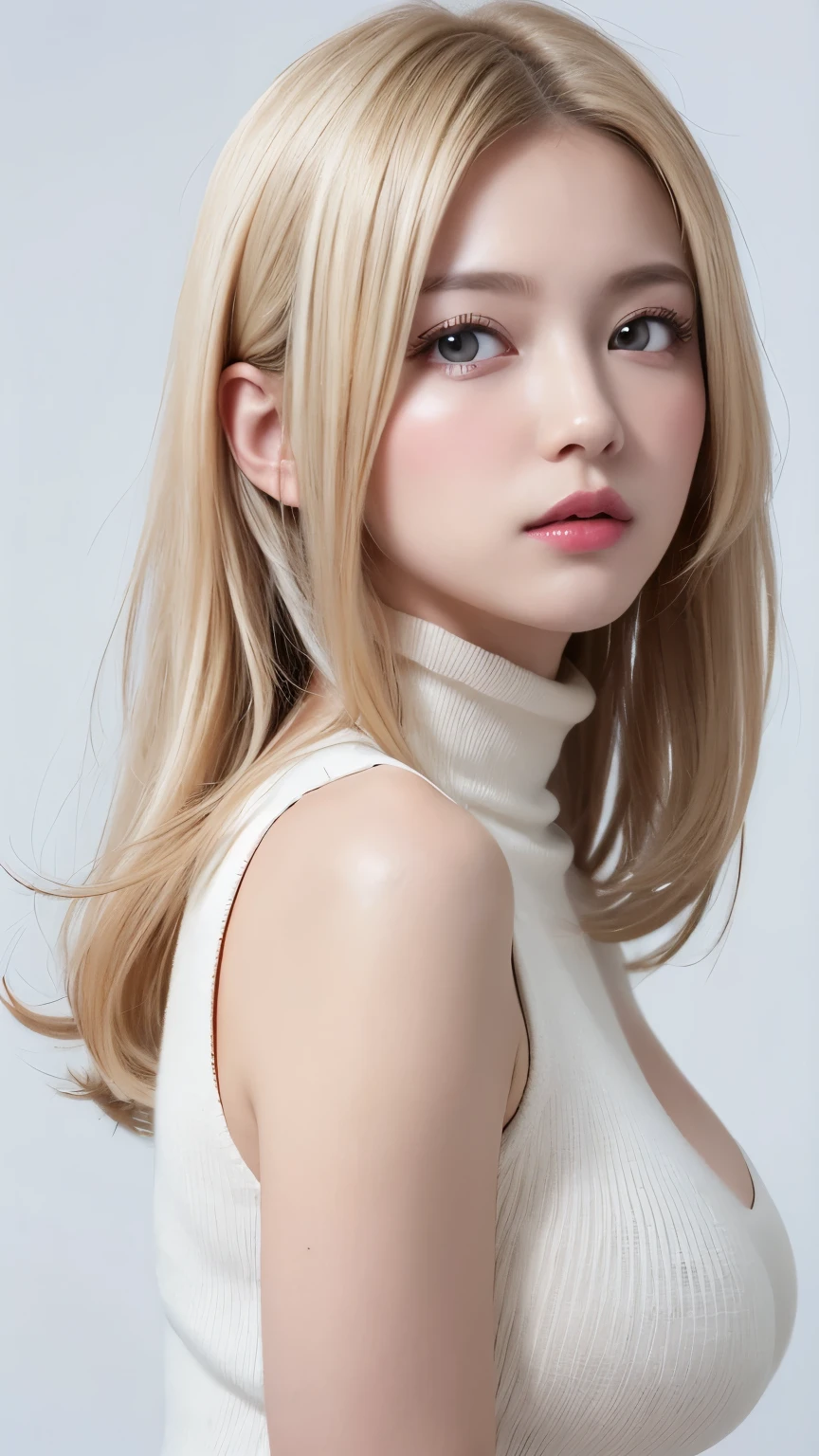 (((forehead、Extreme pose、Big Breasts、A calm face、High neck sleeveless knit、White Blonde Hair、Waist-length hair、Northern Europe、White、beautiful girl、Blonde、White background、cute、Young、True Face、Shiny Hair、whole body)))、table top, highest quality, figure, super detailed, finely, High resolution, 8k wallpaper, Perfect dynamic composition, detailed and beautiful eyes, Deco out,bionde, medium hair, big breasts, Natural color lip,white background, random cute poses,