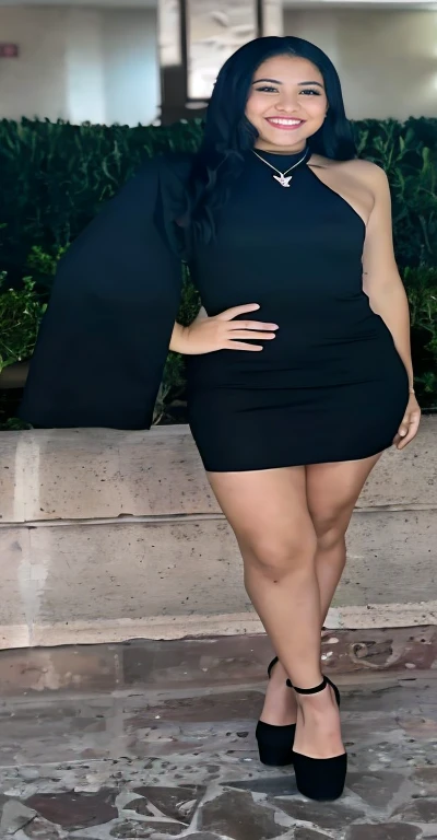 Mexican Girl in a black dress posing for a picture, wearing a tight black dress, wearing a black dress, she is wearing a black dress, wearing black dress, perfectly poised, black dress, wearing a dark dress, full body length, wearing a cocktail dress, full body close-up shot, sleek legs, tight dress, dressed in black