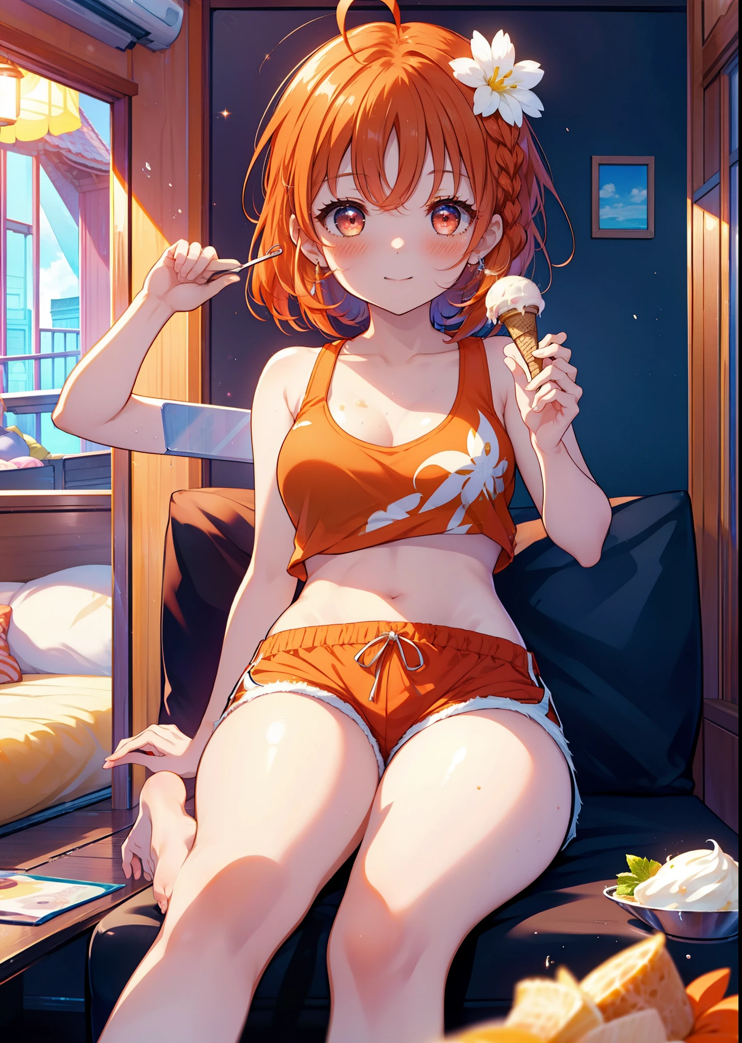 Takahai Chige,Orange Hair,Red eyes,smile,blush,Open your mouth,Long Hair,Ahoge,Orange tank top,Shorts,barefoot,Holding and eating ice cream with both hands,Sitting on the sofa,Daytime,Clear skies,　　　　　　　　　　　　　　　break indoors, room, 　　　　　　　　　　　　　break looking at viewer, whole body, (Cowboy Shot:1. 5)　　　　　　　　　　　　　　　　　　break (masterpiece:1.2), Highest quality, High resolution, unity 8k wallpaper, (shape:0.8), (Beautiful attention to detail:1.6), Highly detailed face, Perfect lighting, Extremely detailed CG, (Perfect hands, Perfect Anatomy),