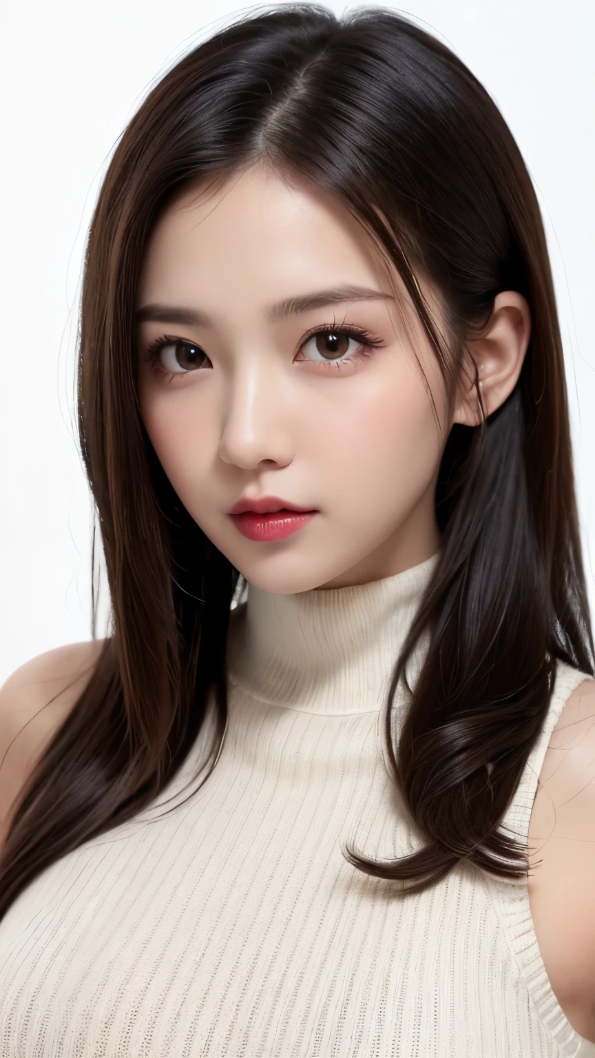 (((forehead、Big Breasts、Extreme pose、A calm face、long hair、Northern Europe、White、beautiful girl、Black Hair、White background、High neck sleeveless knit、cute、Young、True Face、Shiny Hair、whole body)))、table top, highest quality, figure, super detailed, finely, High resolution, 8k wallpaper, Perfect dynamic composition, detailed and beautiful eyes, Deco out,bionde, breasts, Natural color lip,white background, random cute poses,