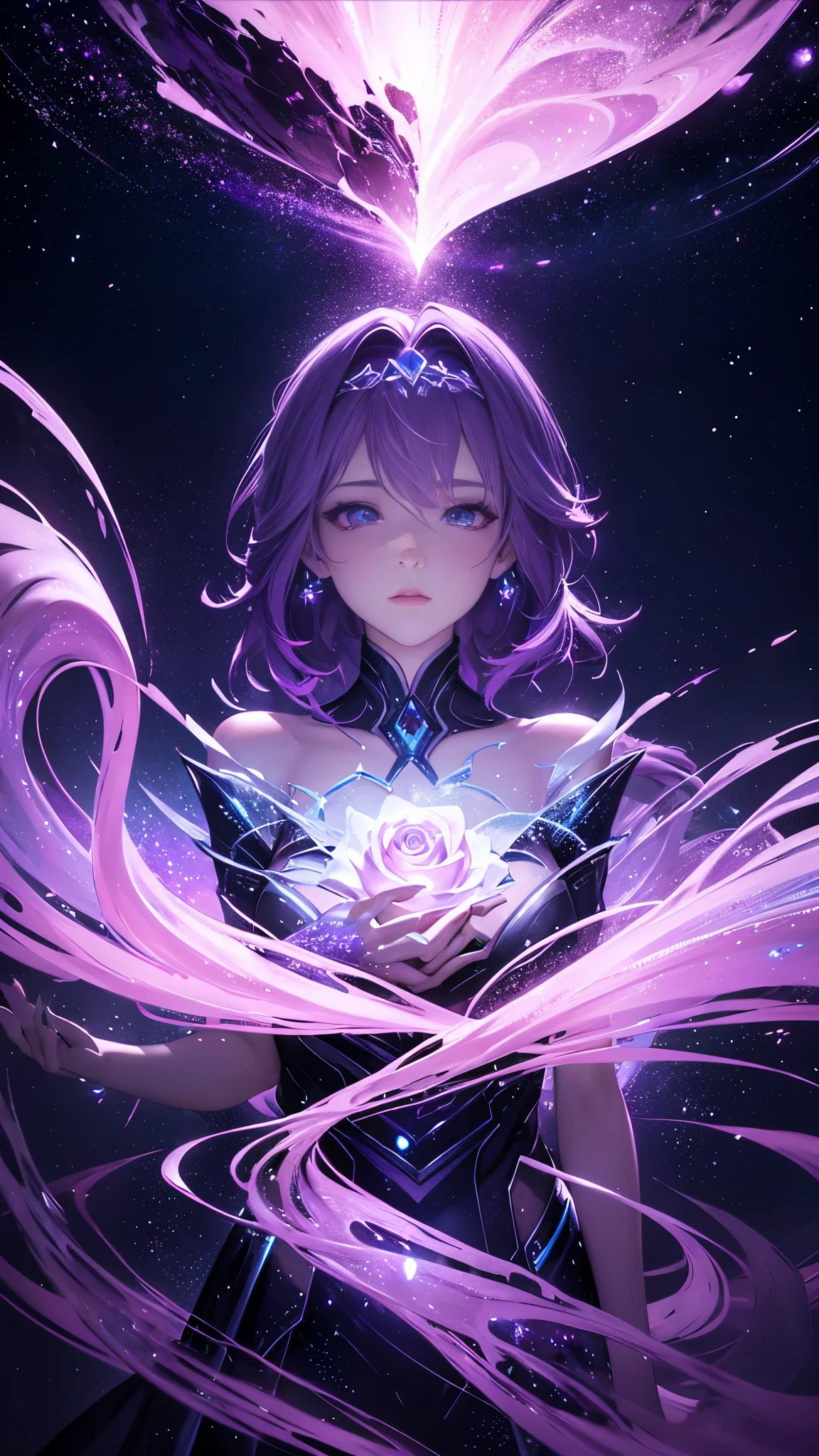 dreamwave, aesthetic, a (frozen:1.1) cosmic rose, the petals glitter with a crystalline shimmer, swirling nebulas, 8k unreal engine photorealism, ethereal lighting, purple, nighttime, darkness, surreal art
