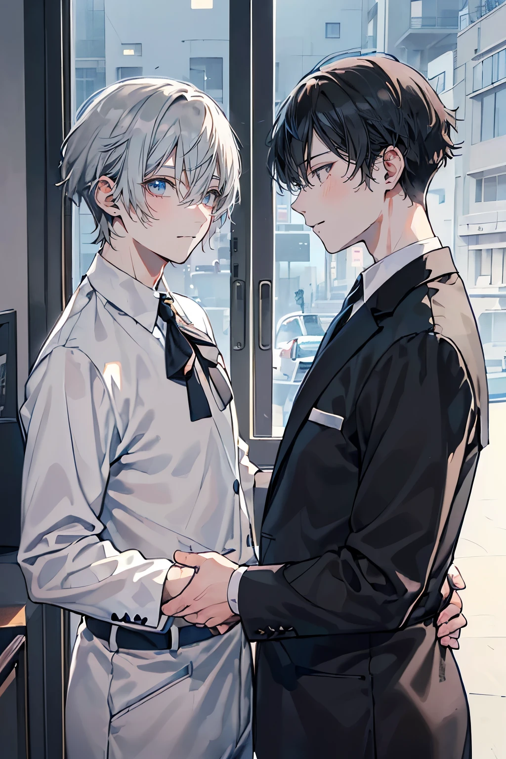 (Mastepiece), (Best Quality), Very detailed, (((Two friendly men:1.5))), Perfect Face, Beautiful Face, Very detailedな顔,(Black-haired man:1.3),(Grey-haired man:1.3),Boys' Room、Plain loose T-shirt