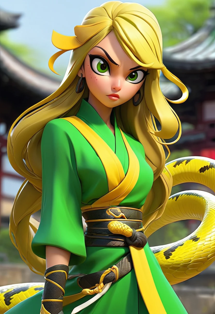 snake Ninja Assassin girl in green-eyed, yellow, long, straight hair, with bangs, bright green dress