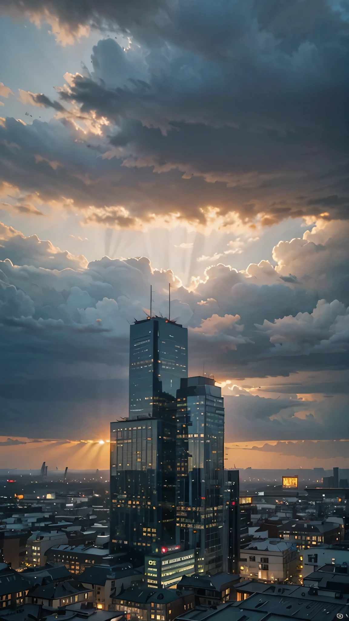 scifi city surrounded by storm clouds at sunset (retrotide:1)