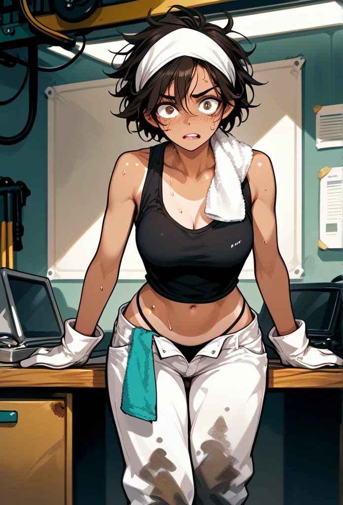 masterpiece, best quality, mature woman, messy hair, black hair, brunette gradient hair color, hot face, (tomboy face), tan skin, mature body, fit body, medium breasts, mechanic gloves, (dirty tank top), stained tank top, midriff, white bandana, mechanic pants, loose pants, workshop, (sweaty), bending over, towel around neck, front view, pulling down pants, visible thong, surprised face