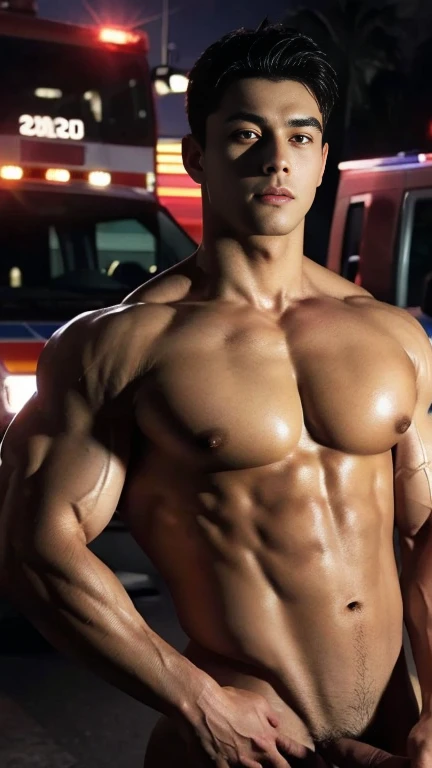 (masterpiece: 1.2), (Realistic:1.5), (Post Processing:1.3), (crisp focus:1.3),wide angle, 1 male police officer,full naked Men ,Handsome blonde ukrainian bodybuilder boy, facial hair, Full naked body, ,(Police badge) ,(), (Abrasions on the body...: 1.3), Short Hair , (High shadow detail),Pectoral muscles, Big arm muscles, blood vessel, Big muscles, Wide shoulders, Abrasions on the body..., Abrasions on the face, nighttime , fire truck, show his big penis, long big dick masturbate, big ass ,