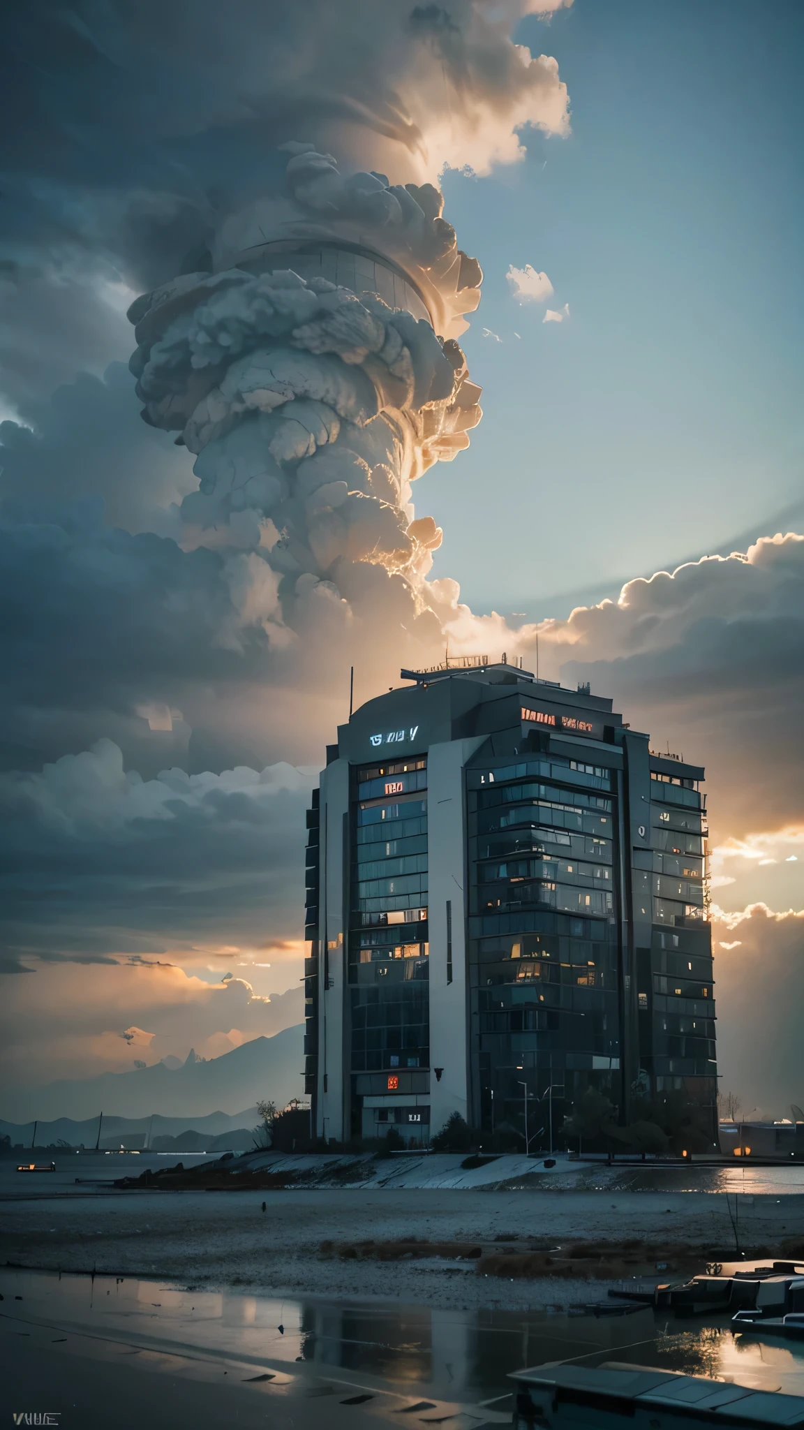 scifi city surrounded by storm clouds at sunset  (retrotide:1) 