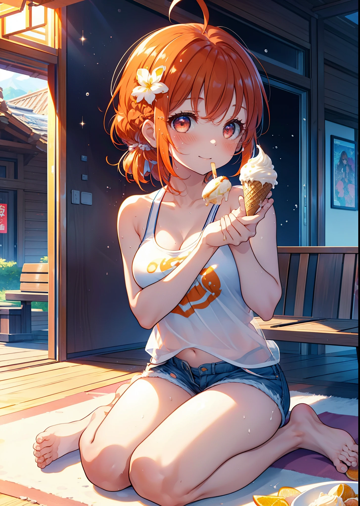 Takahai Chige,Orange Hair,Red eyes,smile,blush,Open your mouth,Long Hair,Ahoge,Orange tank top,Shorts,barefoot,Holding and eating ice cream with both hands,Sitting on the sofa,Daytime,Clear skies,　　　　　　　　　　　　　　　break indoors, room, 　　　　　　　　　　　　　break looking at viewer, whole body, (Cowboy Shot:1. 5)　　　　　　　　　　　　　　　　　　break (masterpiece:1.2), Highest quality, High resolution, unity 8k wallpaper, (shape:0.8), (Beautiful attention to detail:1.6), Highly detailed face, Perfect lighting, Extremely detailed CG, (Perfect hands, Perfect Anatomy),