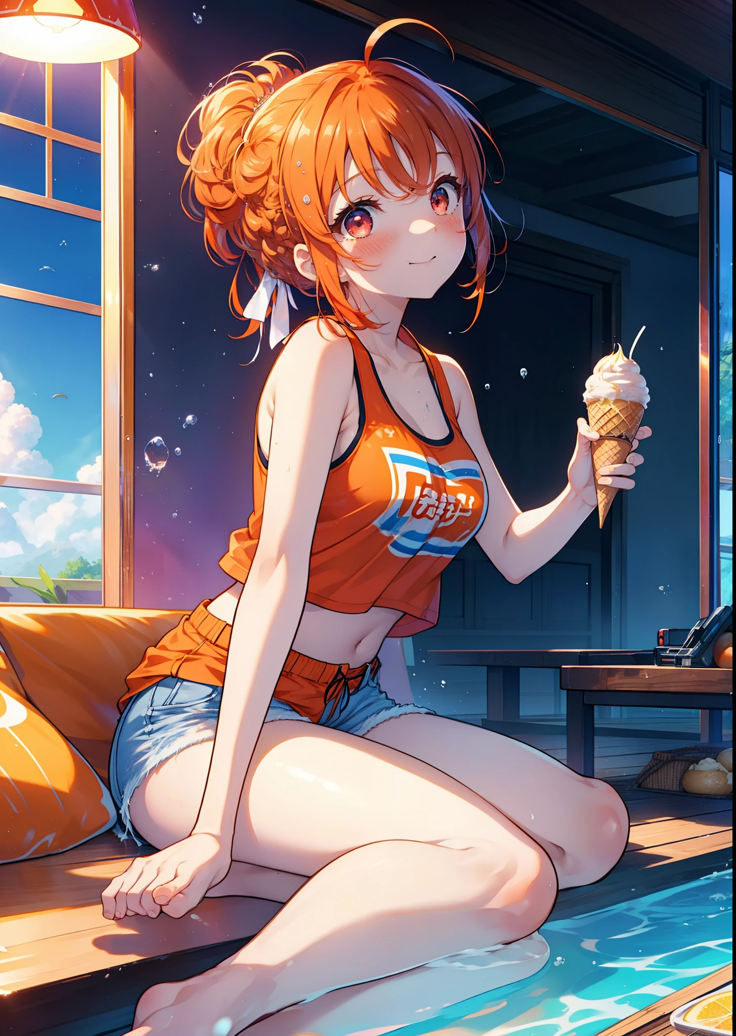 Takahai Chige,Orange Hair,Red eyes,smile,blush,Open your mouth,Long Hair,Ahoge,Orange tank top,Shorts,barefoot,Holding and eating ice cream with both hands,Sitting on the sofa,Daytime,Clear skies,　　　　　　　　　　　　　　　break indoors, room, 　　　　　　　　　　　　　break looking at viewer, whole body, (Cowboy Shot:1. 5)　　　　　　　　　　　　　　　　　　break (masterpiece:1.2), Highest quality, High resolution, unity 8k wallpaper, (shape:0.8), (Beautiful attention to detail:1.6), Highly detailed face, Perfect lighting, Extremely detailed CG, (Perfect hands, Perfect Anatomy),