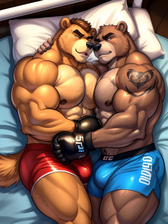 Duo male(Brown Bear vs Brown Bear, handsomes, handsome hairstyle, tails, Thick eyebrows), gay(Lying down, cuddling embraced, body against body, on a bed match), hot(Shirtless), handsomes(They are handsomes, correct anatomy), musculosos(Big muscle bodies, Six packs, muscle abs, big pecs, muscle backs, muscle legs), sweaty(very sweaty wet bodies, shiny sweat), tatuajes(they have tattoos), grumpy(Both have an grumpy expression, open mouths steaming breath), boxing gloves(They both are wearing UFC gloves), UFC boxers(they both are wearing ufc boxers), Hight resolution, by(Zourik:1.1)