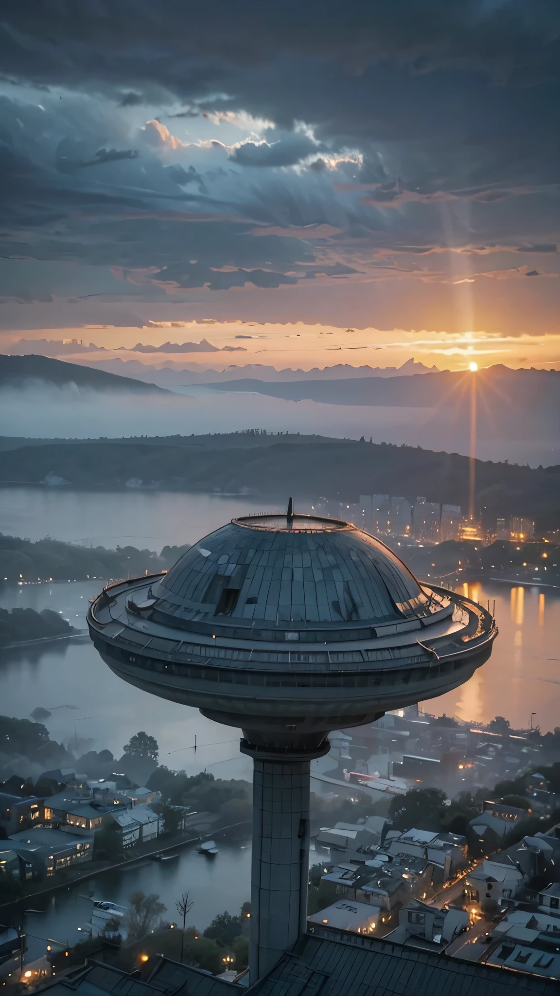 scifi city surrounded by storm clouds at sunset (retrotide:1)
