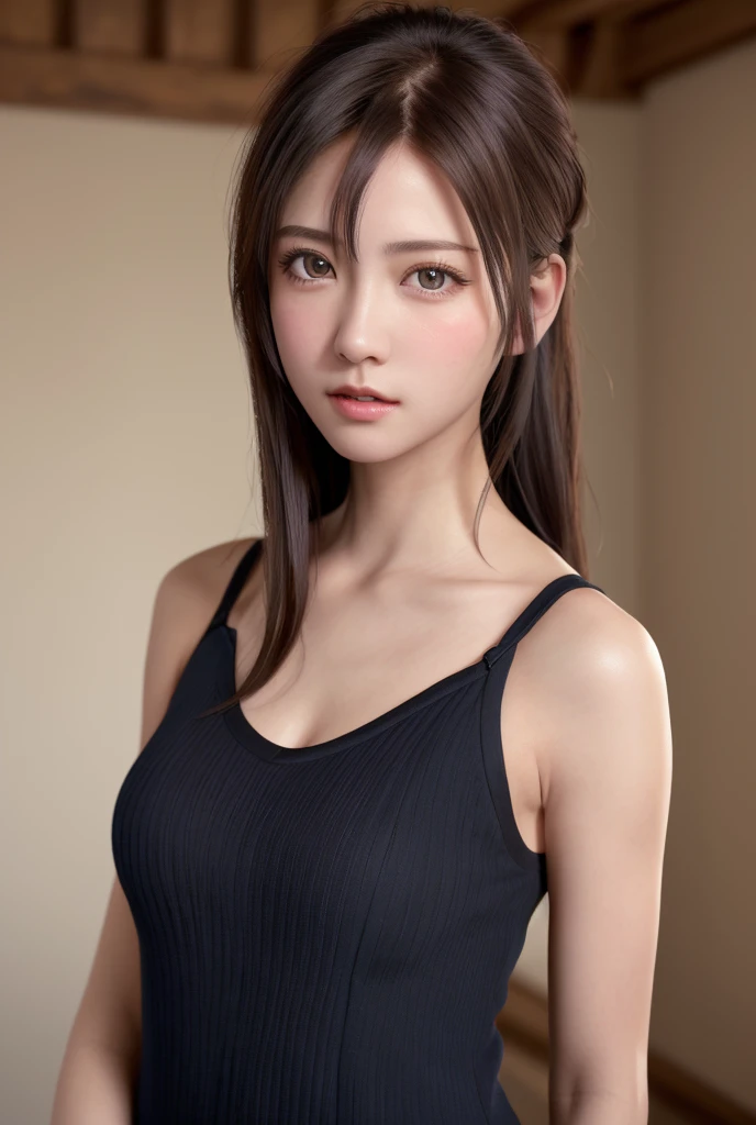 8K, of the highest quality, masutepiece:1.2), (Realistic, Photorealsitic:1.37), of the highest quality, masutepiece, Beautiful young woman, Pensive expression, Gentle eyes, sexy camisole、Hair tied back, Messy mood, Cinematic background,  Light skin tone