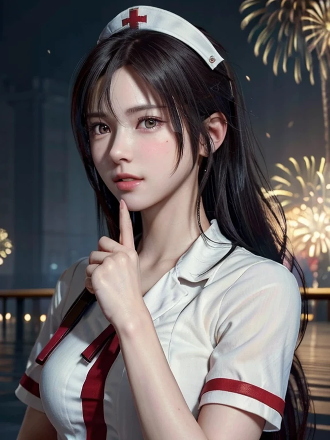 Tifa Lockhart, put index finger on mouth, Revealing nurse uniform, Super detailed, (detailed face), detailed eyes, full body, (soft smiling:0.8), natural skin texture, Her face is incredibly beautiful, Sexiest Looks, natural soft lighting, (masterpiece:1.2, best quality:1.2), dramatic colors, Fireworks display,