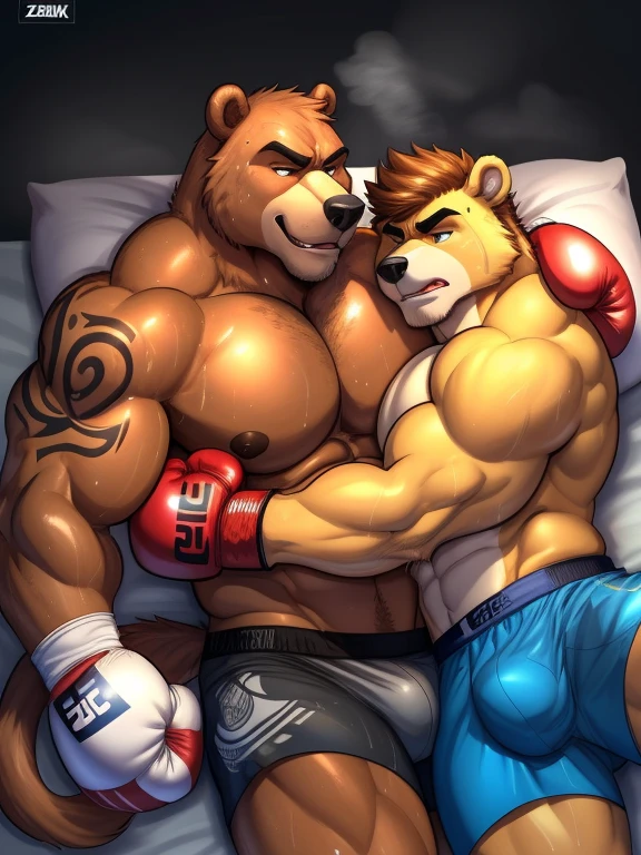 Duo male(Brown Bear vs Brown Bear, handsomes, handsome hairstyle, tails, Thick eyebrows), gay(Lying down, cuddling embraced, body against body, on a bed match), hot(Shirtless), handsomes(They are handsomes, correct anatomy), musculosos(Big muscle bodies, Six packs, muscle abs, big pecs, muscle backs, muscle legs), sweaty(very sweaty wet bodies, shiny sweat), tatuajes(they have tattoos), grumpy(Both have an grumpy expression, open mouths steaming breath), boxing gloves(They both are wearing boxing gloves), UFC boxers(they both are wearing ufc boxers), Hight resolution, by(Zourik:1.1) 