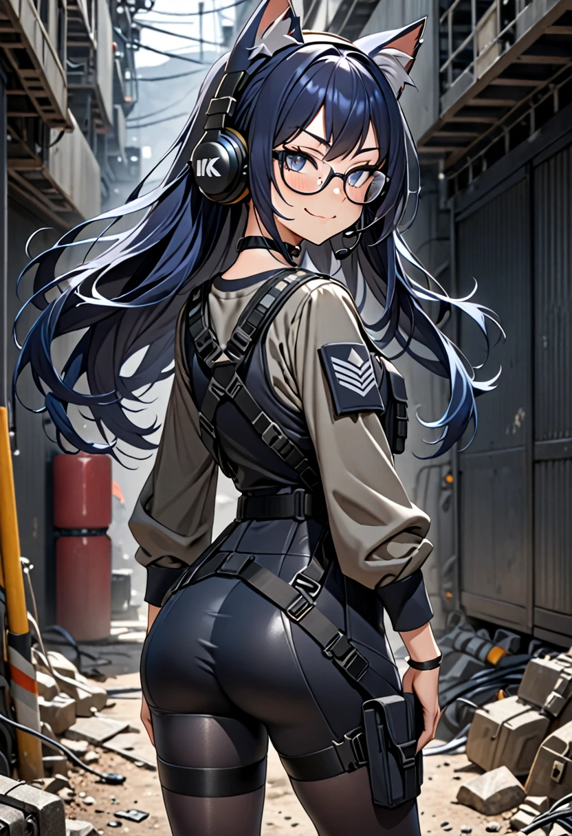 8K Ultra High-Quality, ultra-detailed, High quality, smug face, Dark Blue hair, Long hair, Headset, Goggles, cat girl, Grey Tactical clothes, Military clothes, black spandex under clothes, body harness, Looking at viewer, choker, glasses, full body, close up, back view