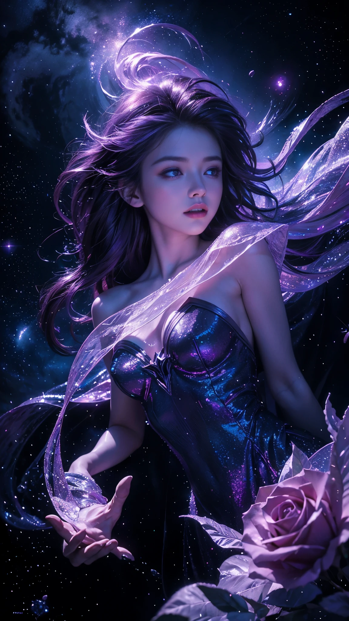 dreamwave, aesthetic, a (frozen:1.1) cosmic rose, the petals glitter with a crystalline shimmer, swirling nebulas, 8k unreal engine photorealism, ethereal lighting, purple, nighttime, darkness, surreal art