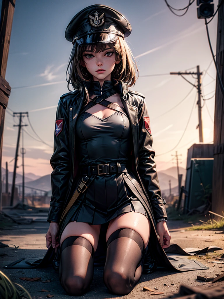 masterpiece, highest quality, (solo focus), (perfect face:1.1), (high detail:1.1), dramatic, 1girl, ((erotic military outfit)), ((cutting edge outfit)), ((earth tone clothes)), skirt, thigh highs, coat tails, peaked cap, kneeling, holding rifle, solo, ((inguinal ligament)), detailed background, smoldering wasteland, abandoned town, purple embers, near-future, cinematic lighting,