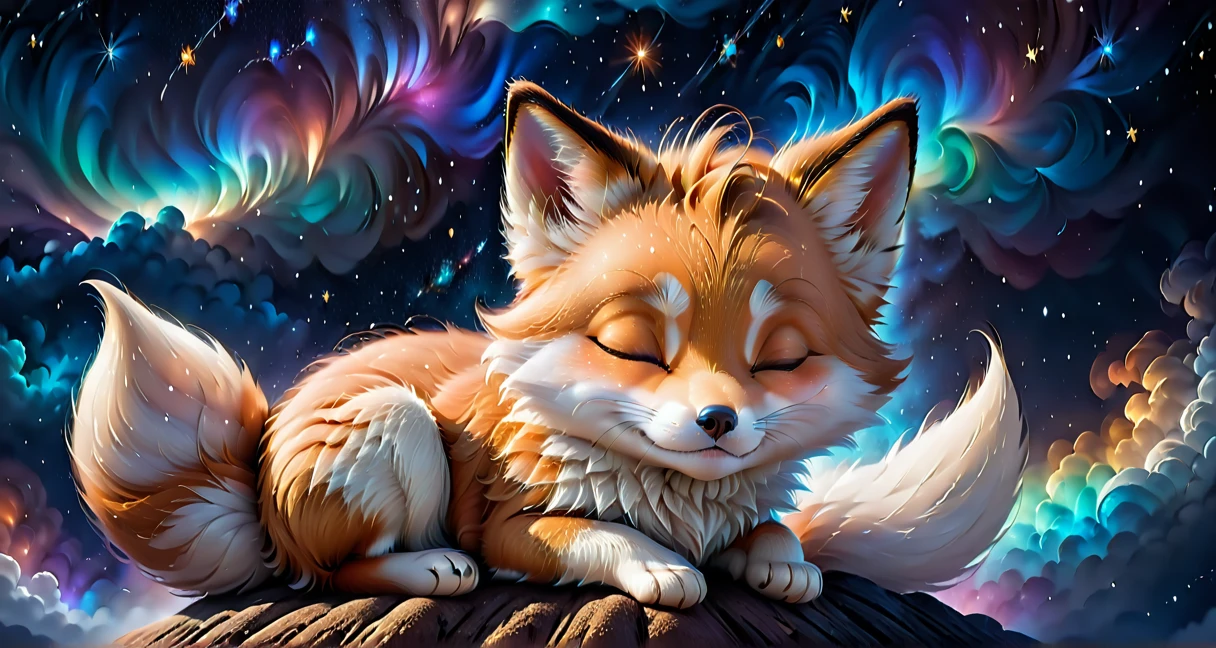 ((Perfect Face)), ((Highest quality)), Ultra high resolution, 4K, wallpaper, High quality photos, Close your eyes and sleep on the clouds、Light brown and white fox cub sleeping cute Disney Pixar style 15,000 meters above the ground。The background is a picture of a starry sky shining at night...。