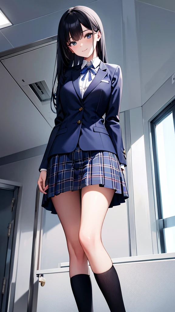 photo of sexy 1girl, tall,leggy,smile,standing in neat rows, in the school gymnasium, wearing NAVY Blazer , long sleeve, WHITE shirt, shiny blue ribbon,pleated tartan_check_mini_skirt, beautiful eyes, shiny black hair,BLACK short socks, full body shot, closeup shot, from front, from below, dutch angle shot, wide view,