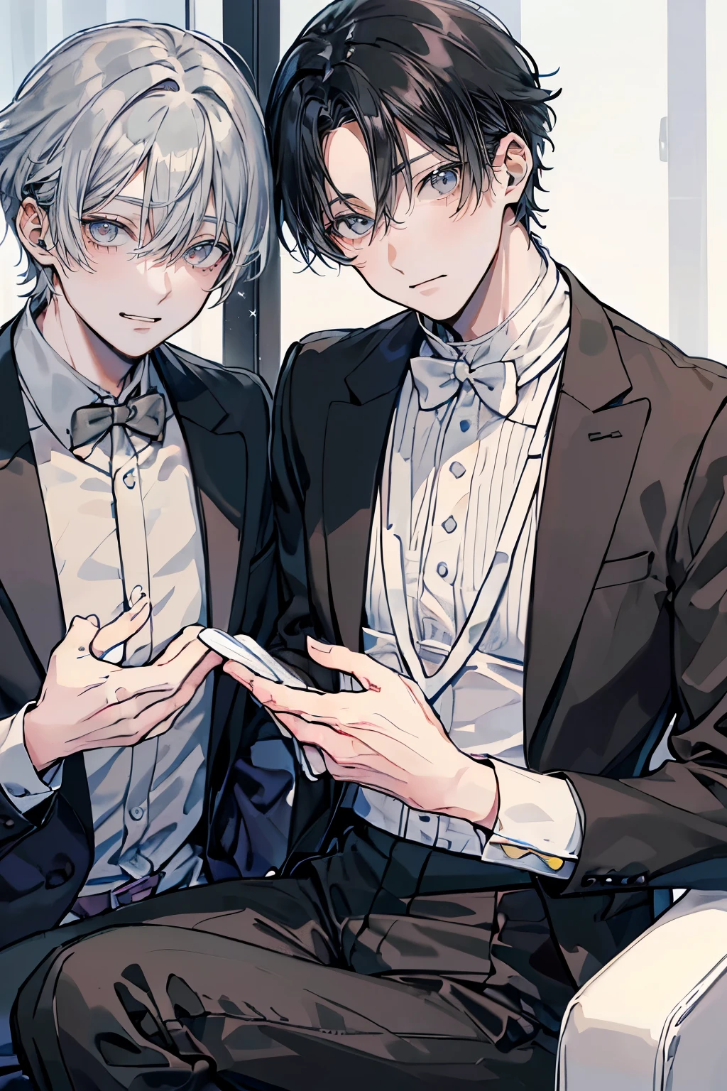 (Mastepiece), (Best Quality), Very detailed, (((Two friendly men:1.5))), Perfect Face, Beautiful Face, Very detailedな顔,(Black-haired man:1.3),(Grey-haired man:1.3),Boys' Room、Plain loose T-shirt