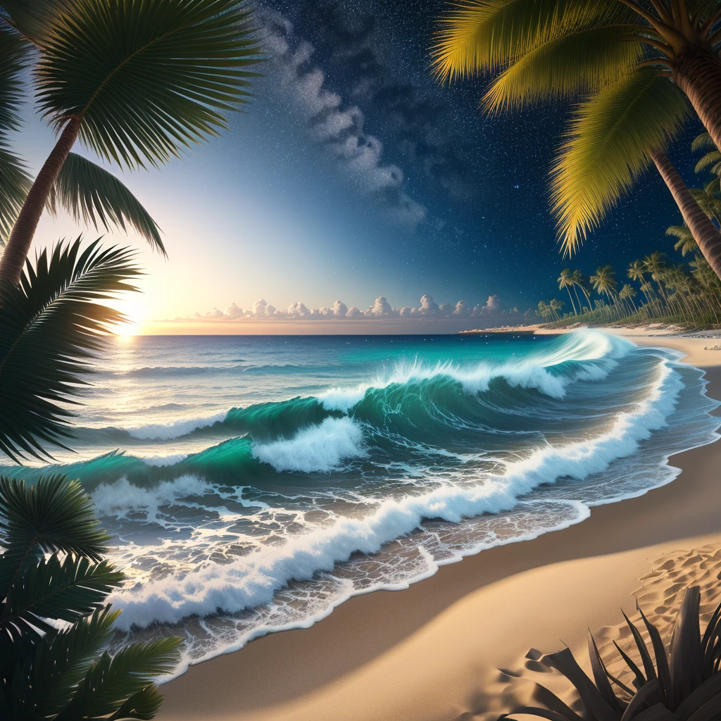 Wave, Sandy Beach, Palm tree, Starry Sky