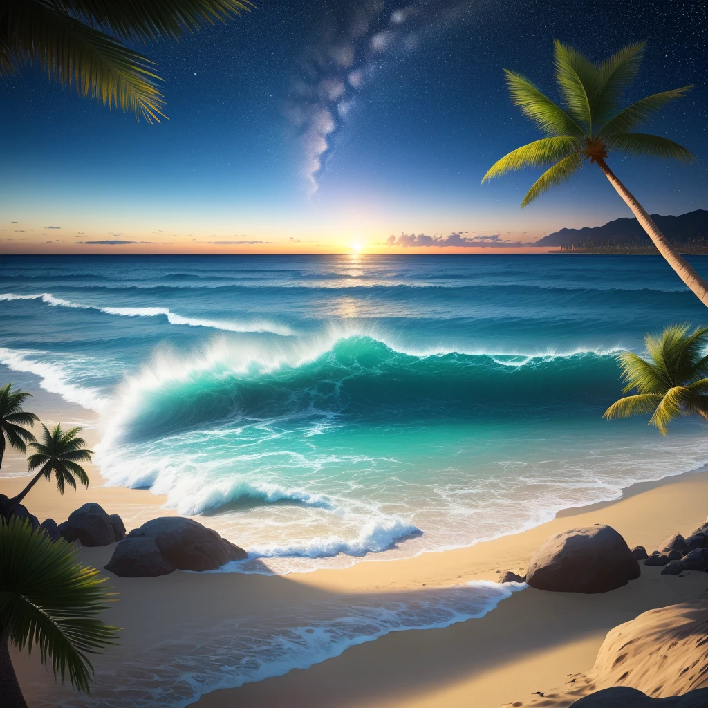 Wave, Sandy Beach, Palm tree, Starry Sky