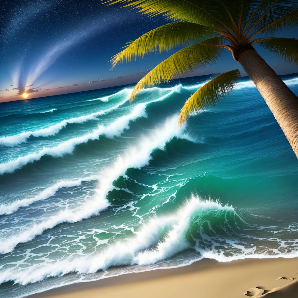 Wave, Sandy Beach, Palm tree, Starry Sky